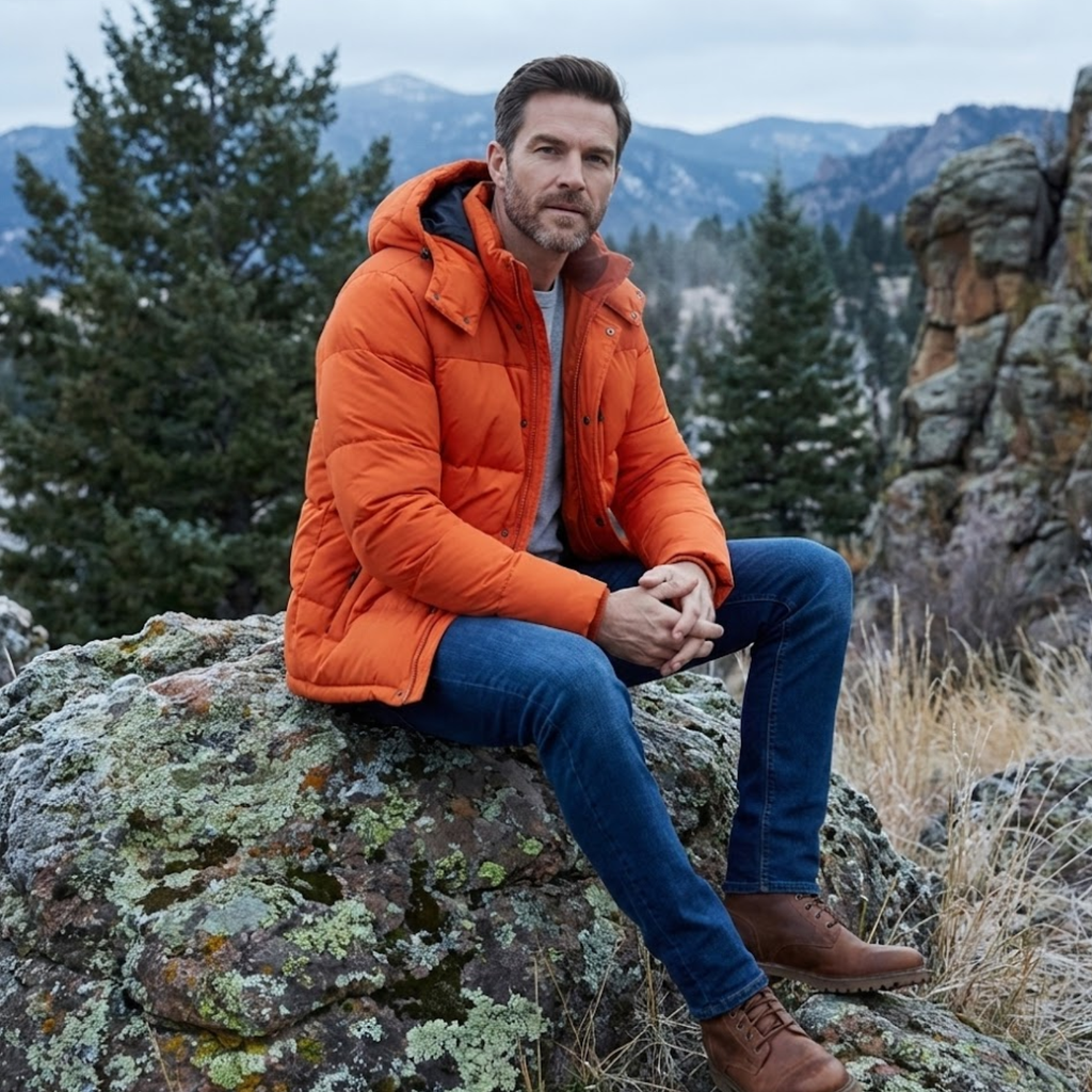 Men’s Winter Puffer Jacket with Hood and Zippered Pockets