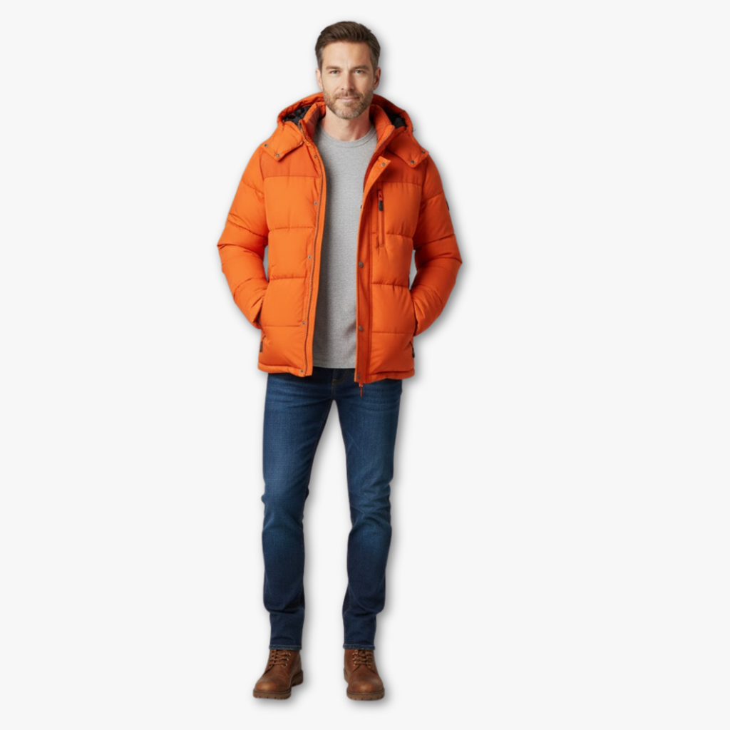 Men’s Winter Puffer Jacket with Hood and Zippered Pockets
